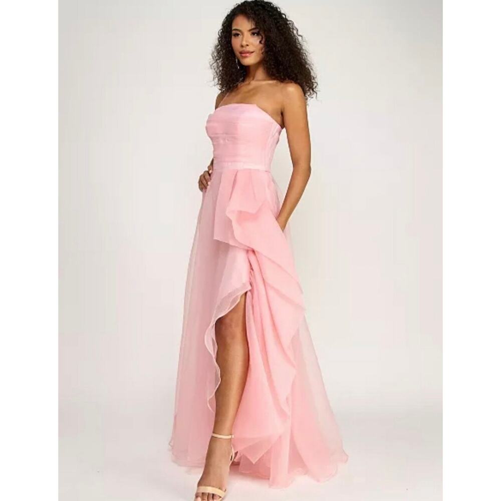B. darlin Organza Strapless Shirred Bodice Cascade Ruffle Long Dress pink - Picture 2 of 7